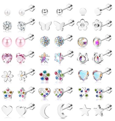 SAILIMUE 21Pairs Screw Back Stud Earrings For Women Hypoallergenic Surgical S...