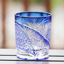 Japanese Style Edo Kiriko Drinkware Hand Cut To Clear Whiskey Glass 9oz Blue