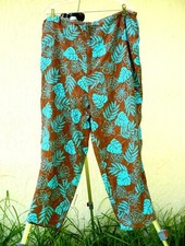 VTG 90S CB CASUAL 2X BROWN BLUE FLORAL PALM LEAVES LOOSE LONG RAYON PANTS WOMEN