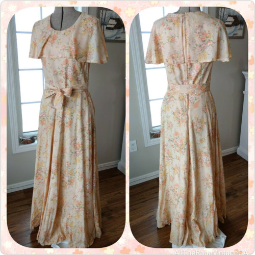 Vintage Dress Peach Floral Maxi Caped Shoulders 1… - image 1