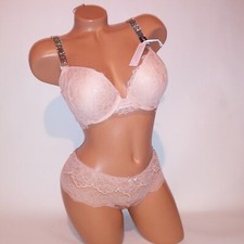 Victoria Secret Bra Set 36C Push Up Medium Panty Shine Strap Beige Wide Side Tho