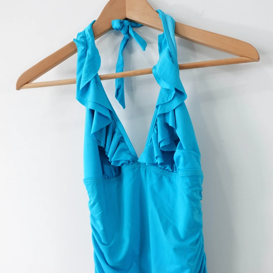 KENNETH COLE Swimsuit Small Skirted One Piece Ruched V Neck Open Back Ruffle - Image 3 of 4