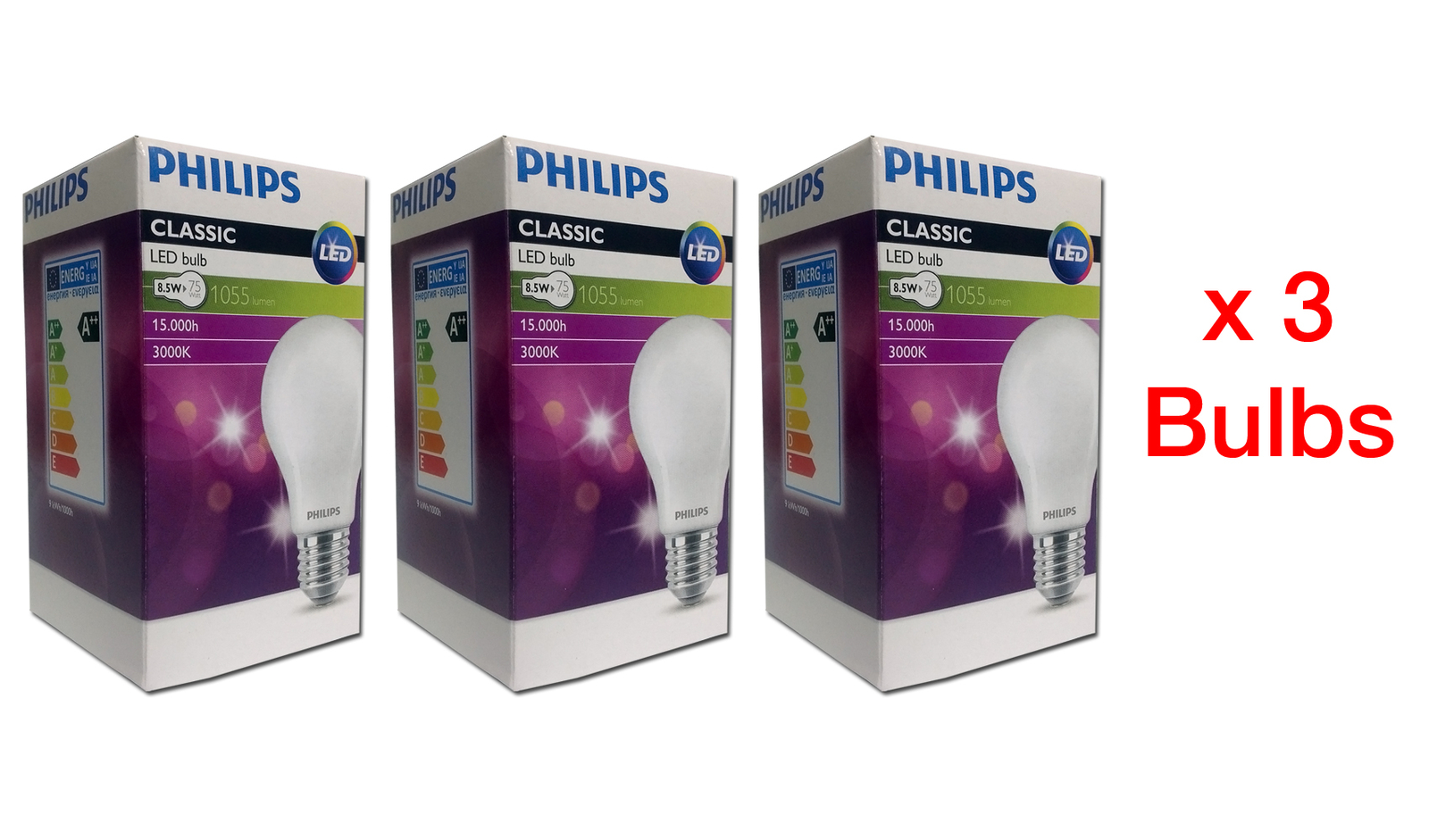 Philips E27 8.5W (75W) classic LED bulbs 3000K warm white  ( 1 x 3 pack )