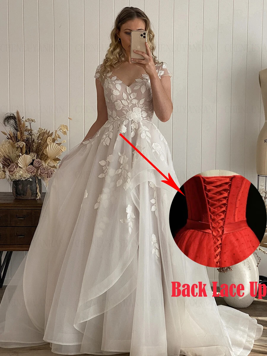 Organza A-Line Wedding Dresses V-Neck Sweep Train Long Bride