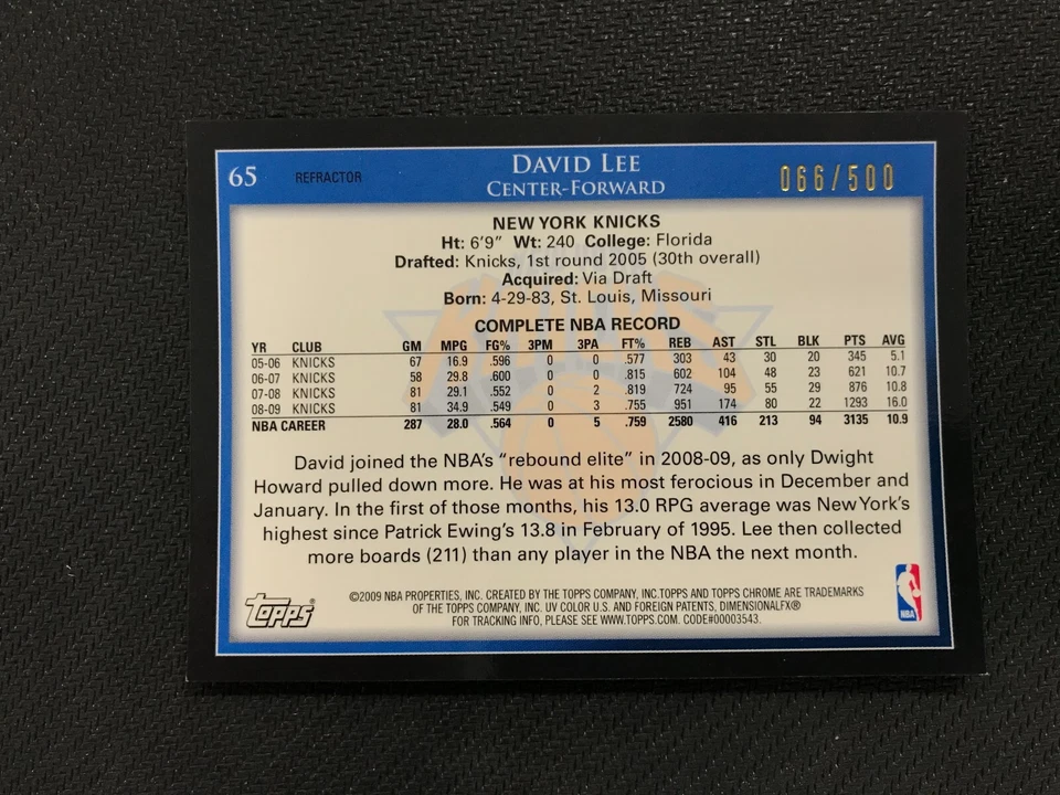 2009-10 Topps Chrome #65 David Lee /500 亮面纽约尼克斯队 — 第 2/2 张图片