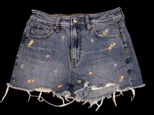 American Eagle Mom Short High Rise Embroidered Flowers Blue Denim Women's Size 0