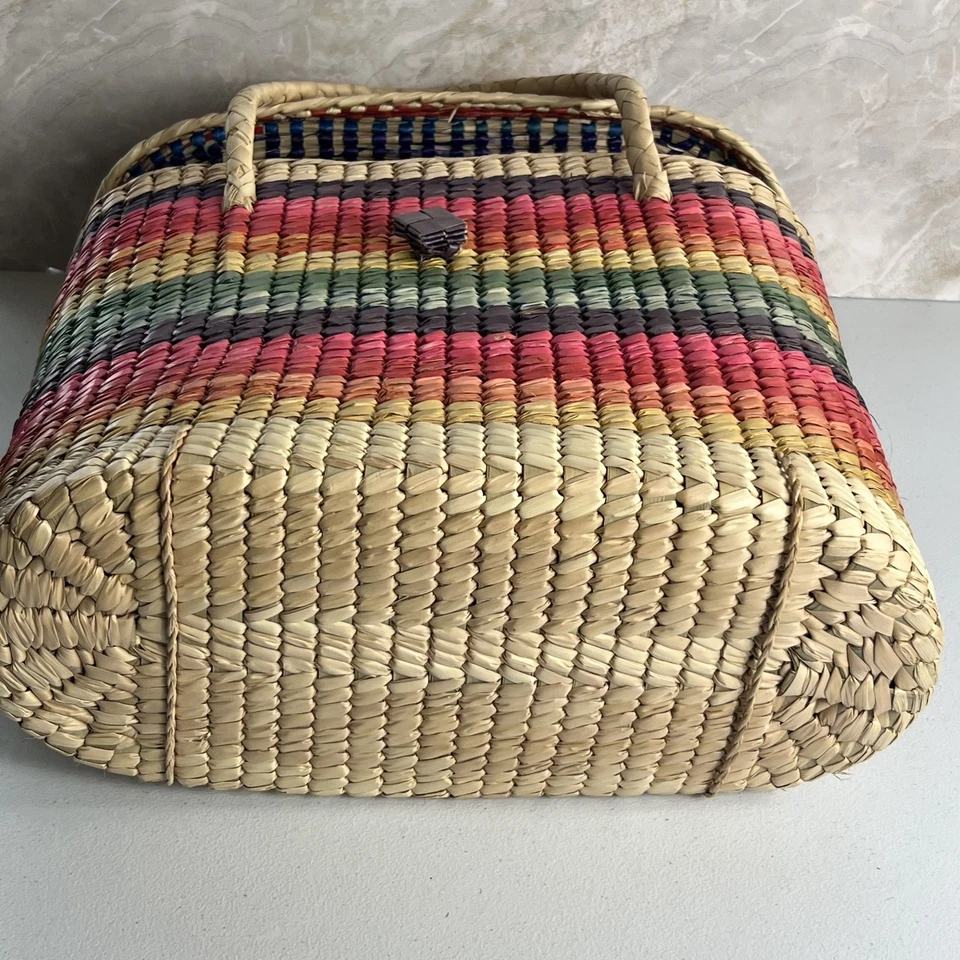 Bolsa tote artesanal mexicana de tecido com tampa alças duplas bolsa de mercado multicolor - Imagem 4 de 4