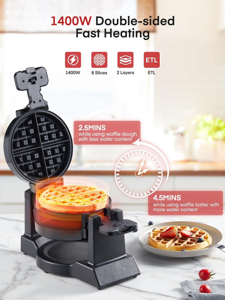 Maquina Para Hacer Waffles Belgas De 1400W Con Placas Giratorias