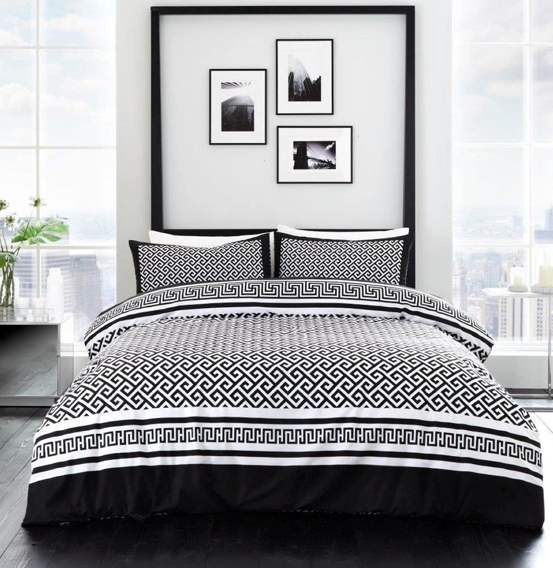 Greek Keys Duvet Cover Meander Reversible Quilt Bedding Bed Set King Black White