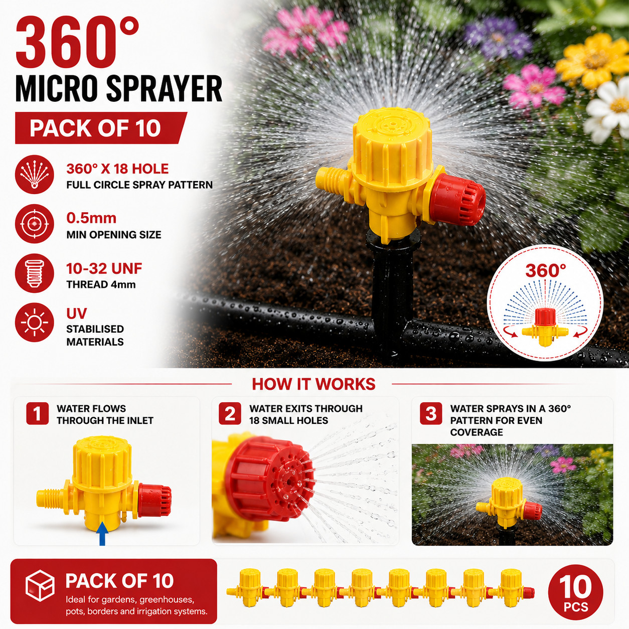 Micro Irrigation Sprayer 360° Pack of 10 for Pots Plants Greenhouse Watering