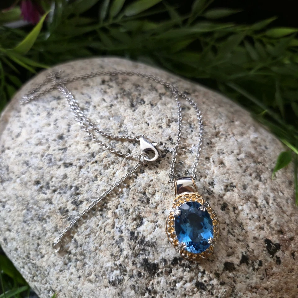 LONDON синий топаз и цитрин драгоценный камень серебро ожерелье примерно "18 дюймов - Изображение 3 из 4