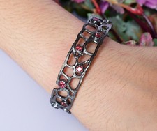 925 Sterling Silver Genuine Garnet Gemstone Cuff Bangle Bracelet Jewelry GIFT