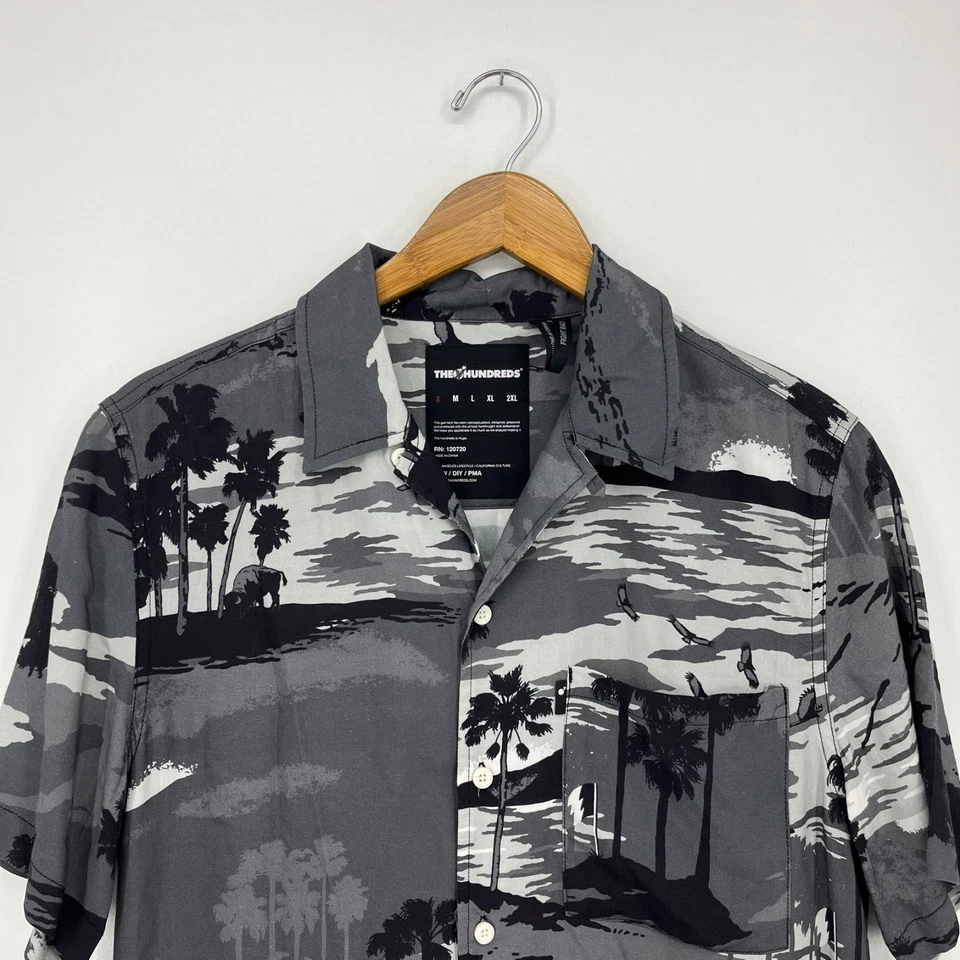 Camisa The Hundreds manga corta con botones para hombre talla S gris playa hawaiana rayón Foto 2 de 4