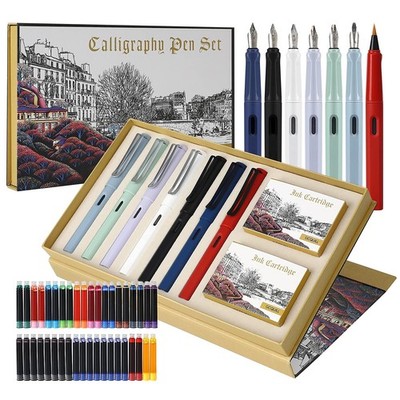 Calligraphy Fountain Pen Set- 7 with Different Nibs and 40 Ink Cartridges for Be