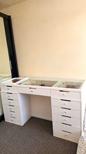White Vanity  Dressing Table with Glass Top Display, 13 Drawers
