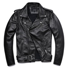 Men's Black Brando Handmade Motorcycle Real Cowhide Leather Biker Racing Jacket