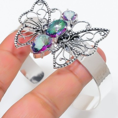 Mystic Topaz Gemstone Handmade 925 Sterling Silver Adjustable Cuff Bracelet