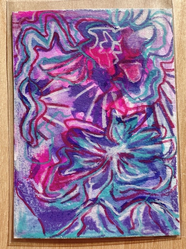 ACEO Original Abstract Pink Purple Blue Flower Flowy Painting On Paper By Jess L