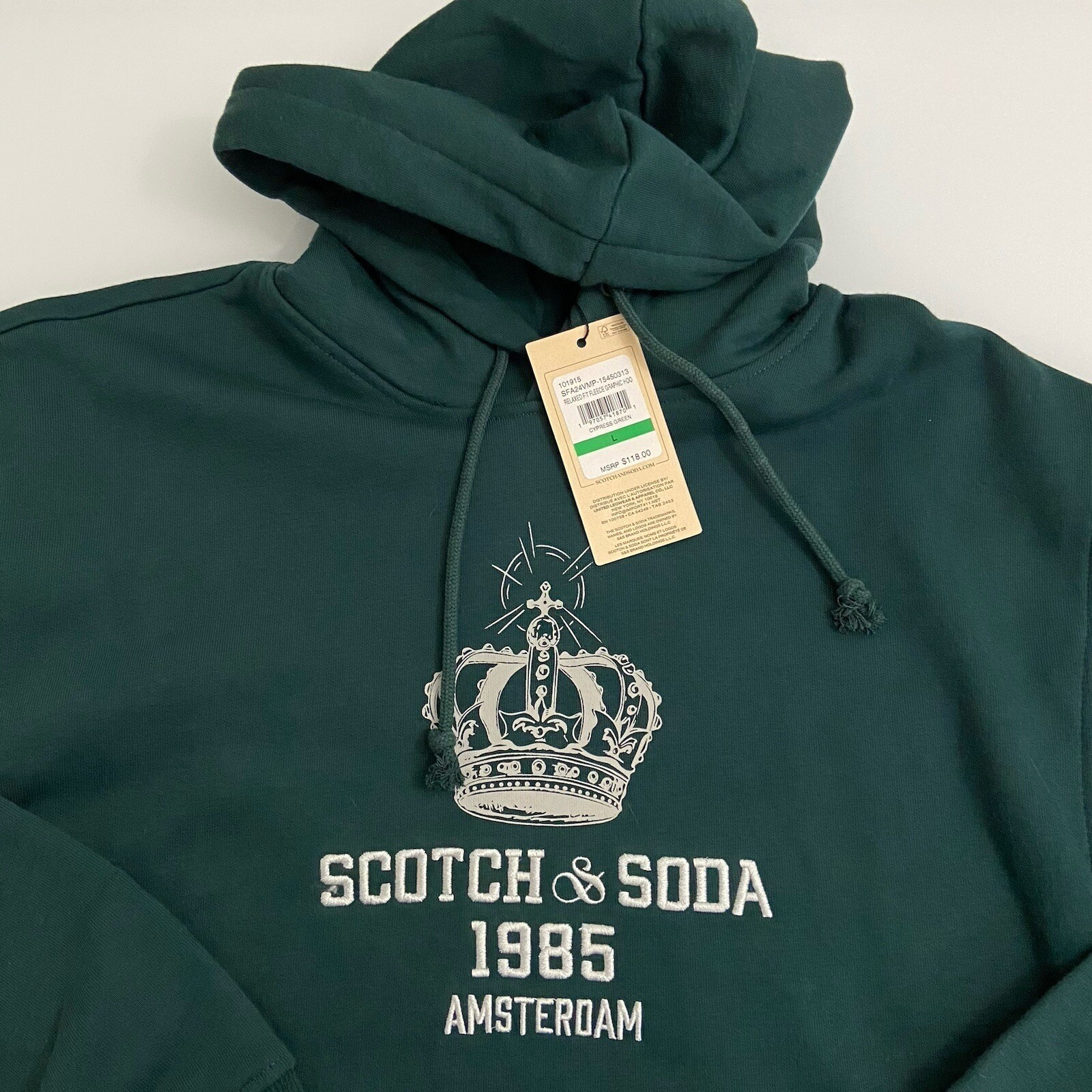 Scotch Soda Men Relaxed Fit Fleece Graphic Hoodie Cypress Green Size L