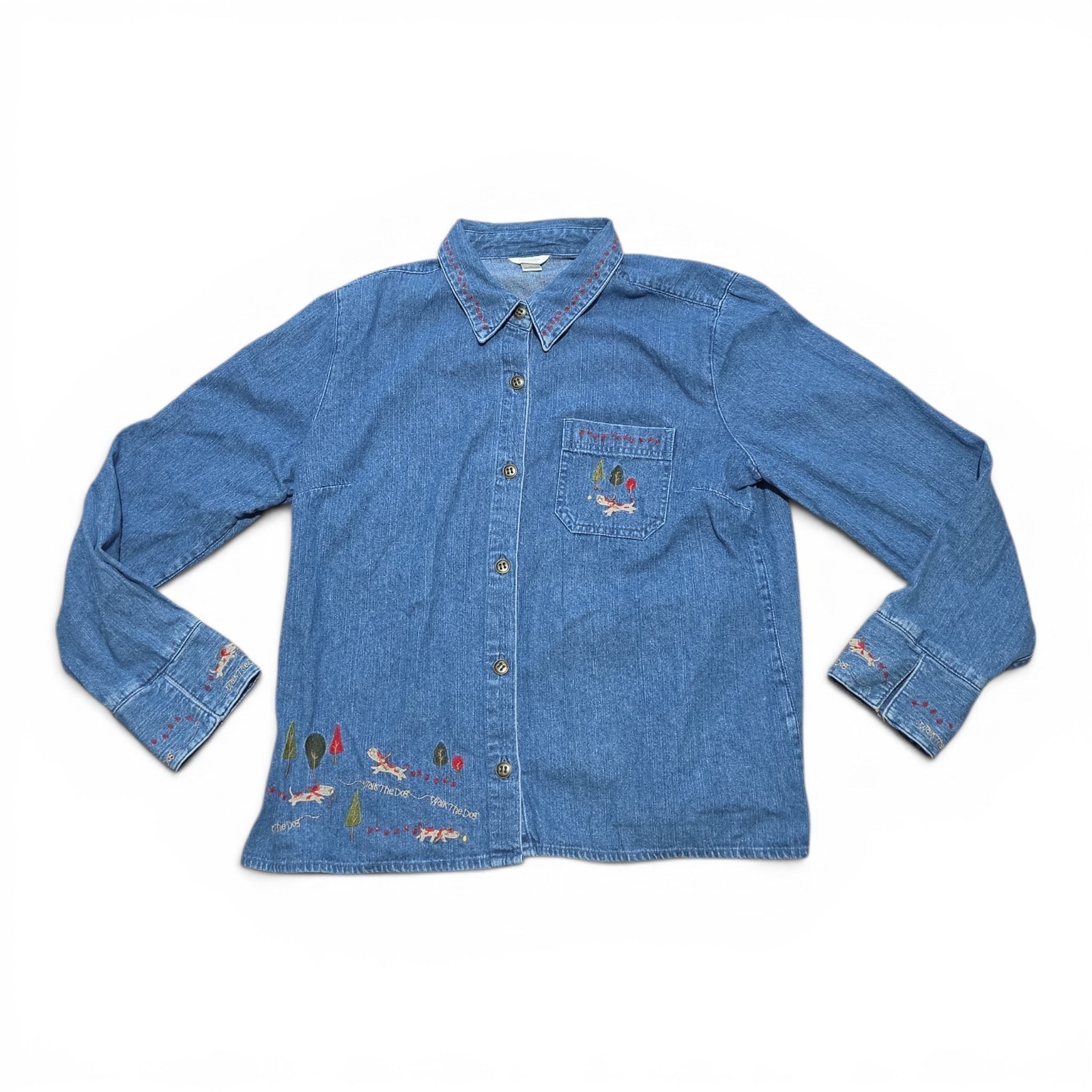 Christopher & Banks Blue Denim Embroidered Dog Button Up Shirt Womens Size M