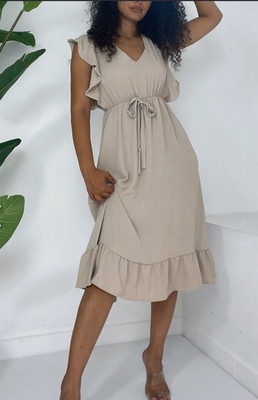 Samdan, Frill Shoulder Elastic Waist With Tie, Mid Length Ayrobin Dress, Cream