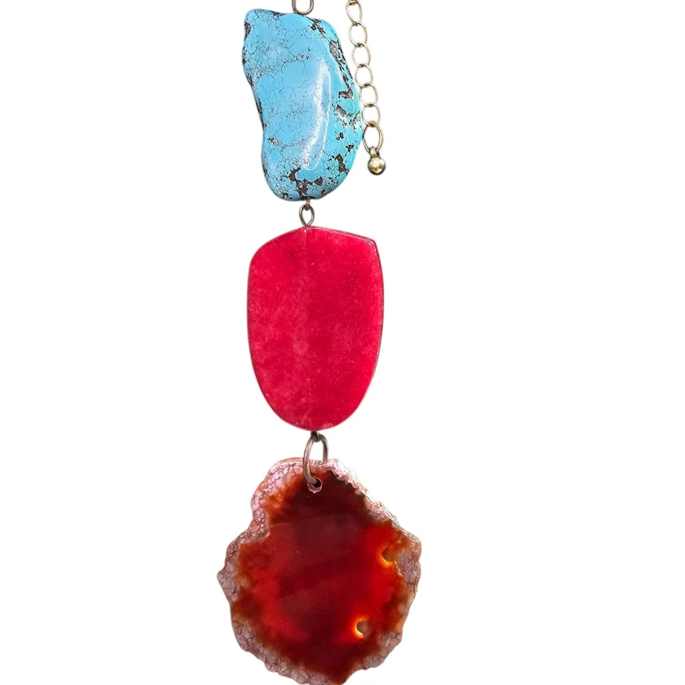 Boho Gemstone Necklace With Turquoise Red & Agate Stones On Antique Brass Chain - Image 2 of 4