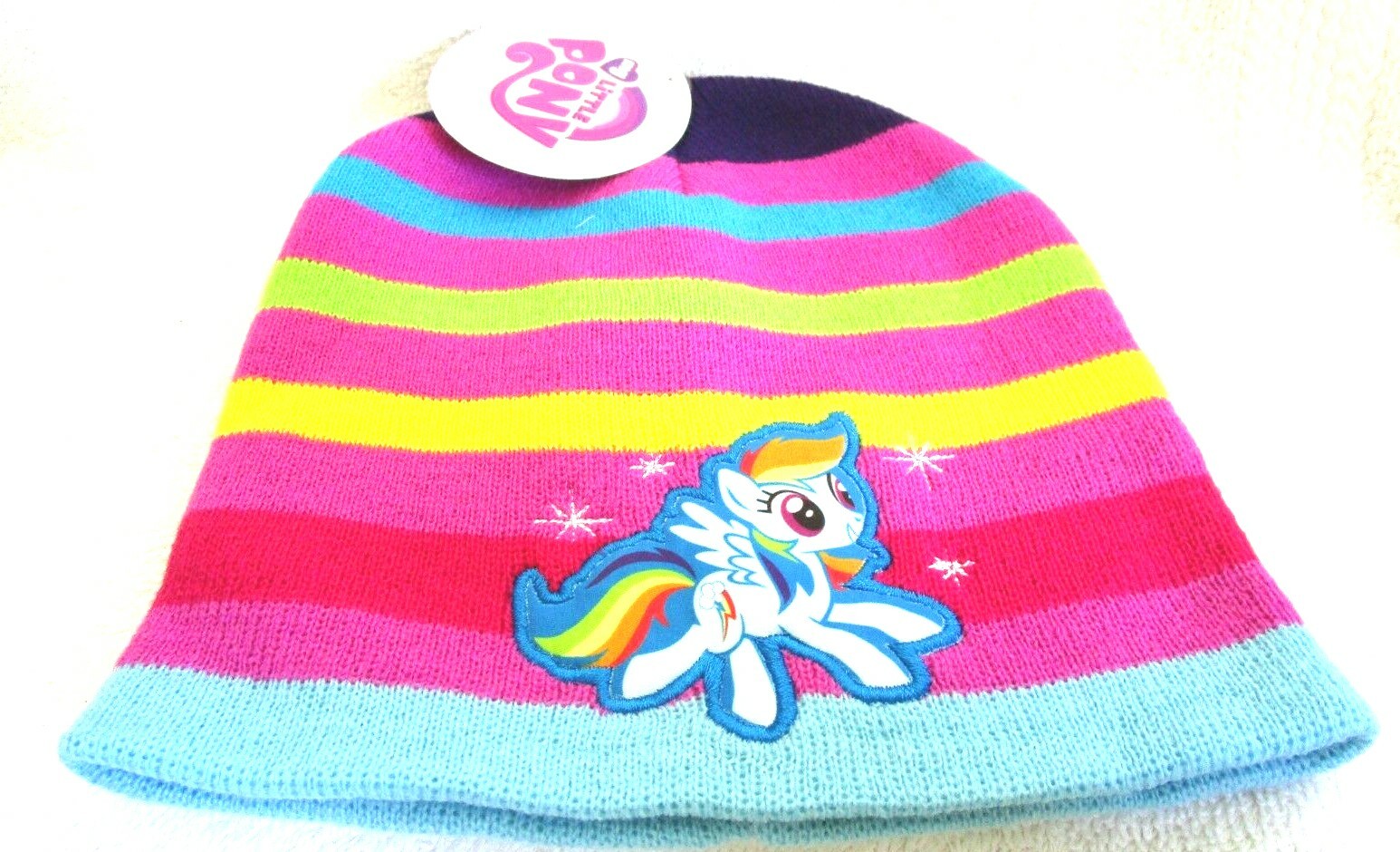 My Little Pony Embroidered Patch Purple Pink Turquoise Lime Stripes Beanie New