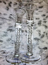 Hand Blown Air Twist Candle Holder Pair; Romanian Made, long lasting Red Tapers