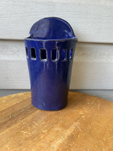 Vintage Blue Square Cutouts Hanging Art Pottery Wall Pocket Vase 7" As-Is