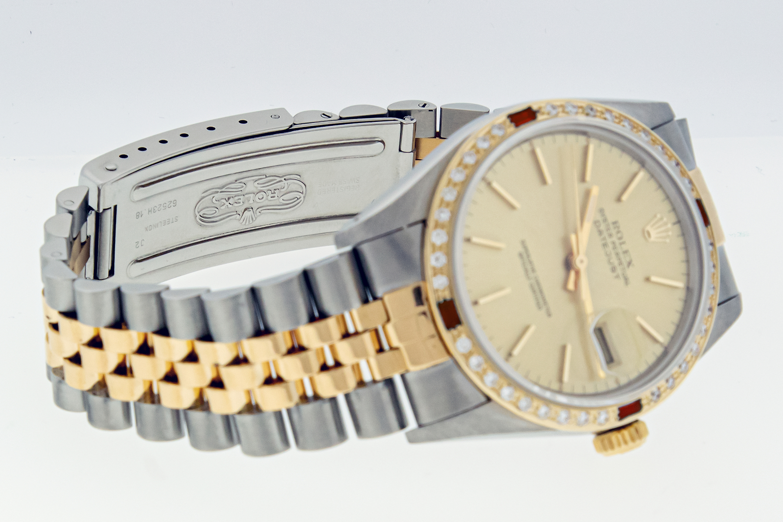 Rolex Mens Datejust Steel and 18K Gold Champagne Dial Diamond Ruby Bezel Watch image 7