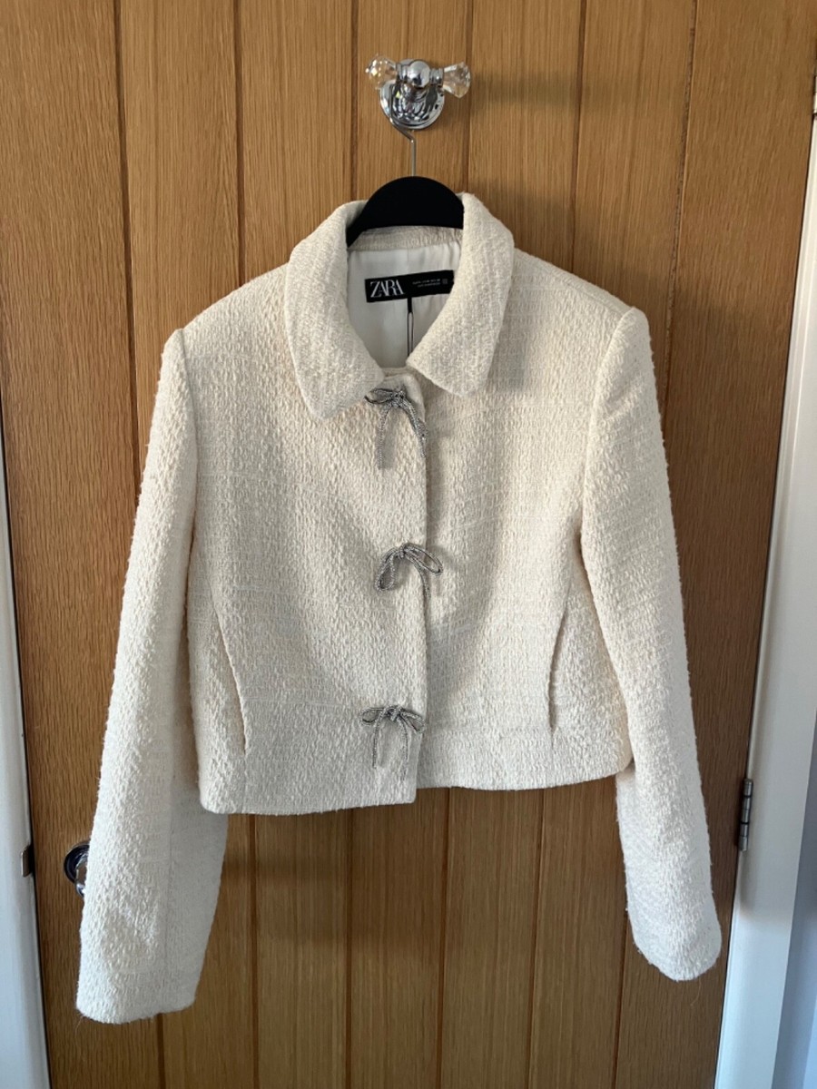 BNWT ZARA Ecru Textured Jacket with Diamante Bow Button Size M