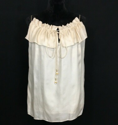 Original Milly Blouse 4 Champagne Beige 100% Silk Ruffle Keyhole Gold Tassel WOW