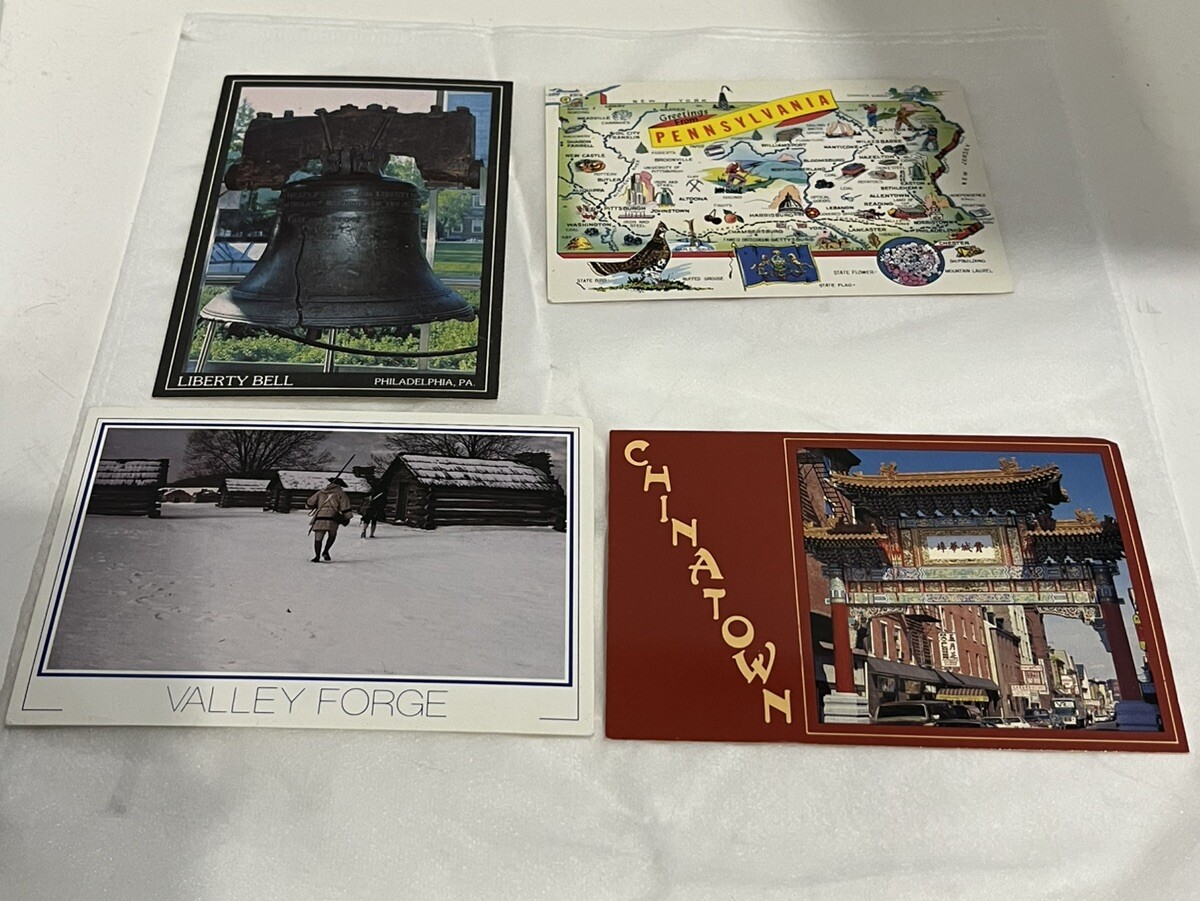 Set Of 4 Vintage Pennsylvania Postcards Liberty Bell Valley Forge Map Chinatown