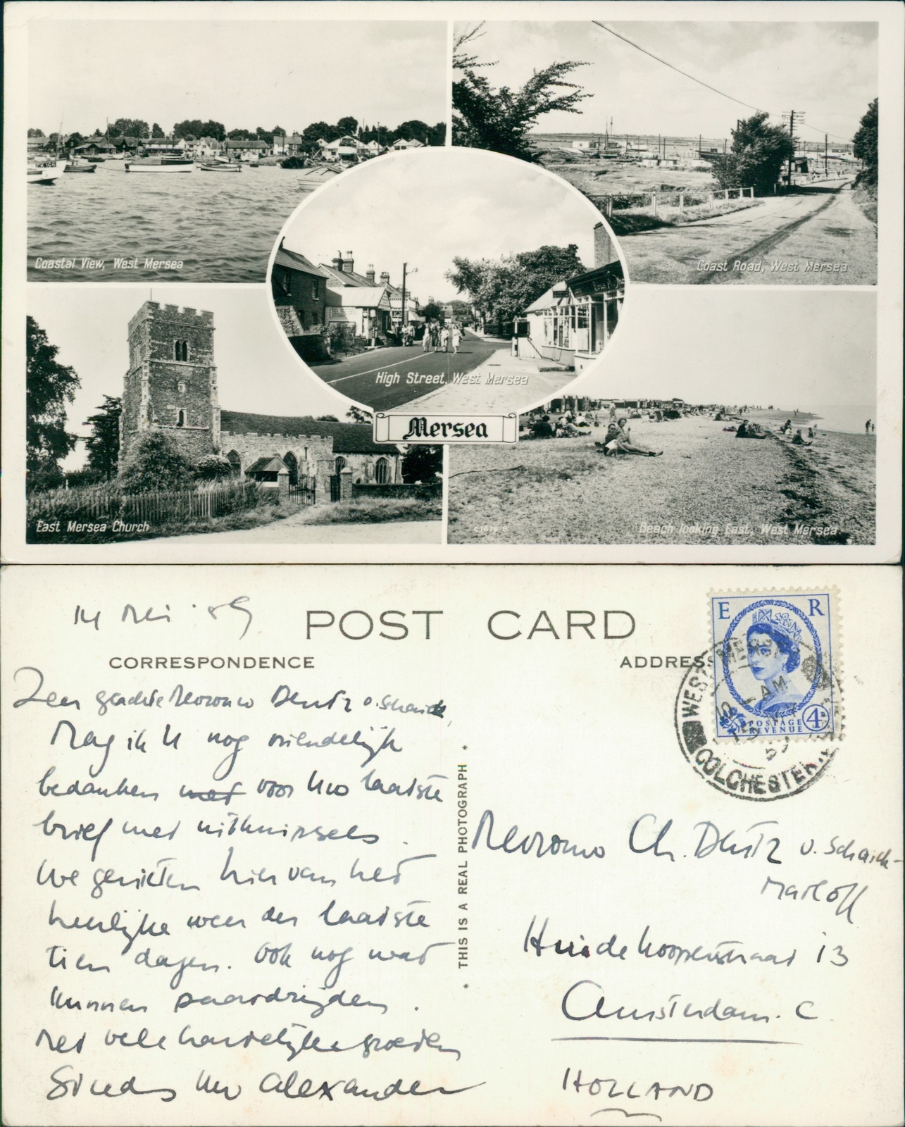 Mersea 5 views Church Beach High Street etc RP Real Photo 1957 Cancel