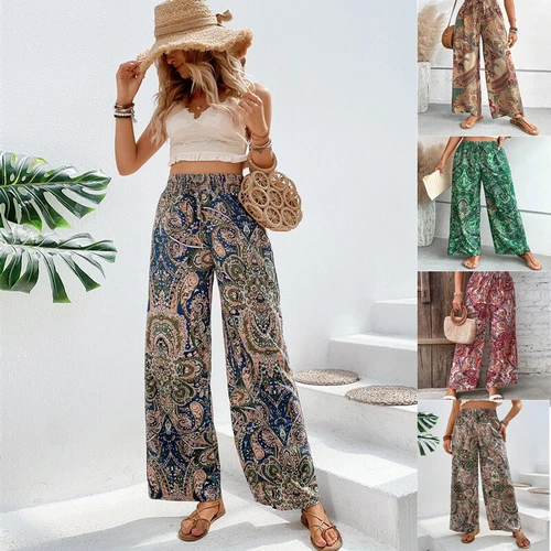 Damen Sommer Mode Blume Elastische Taille Weites Bein Hose- - Bild 2 von 29