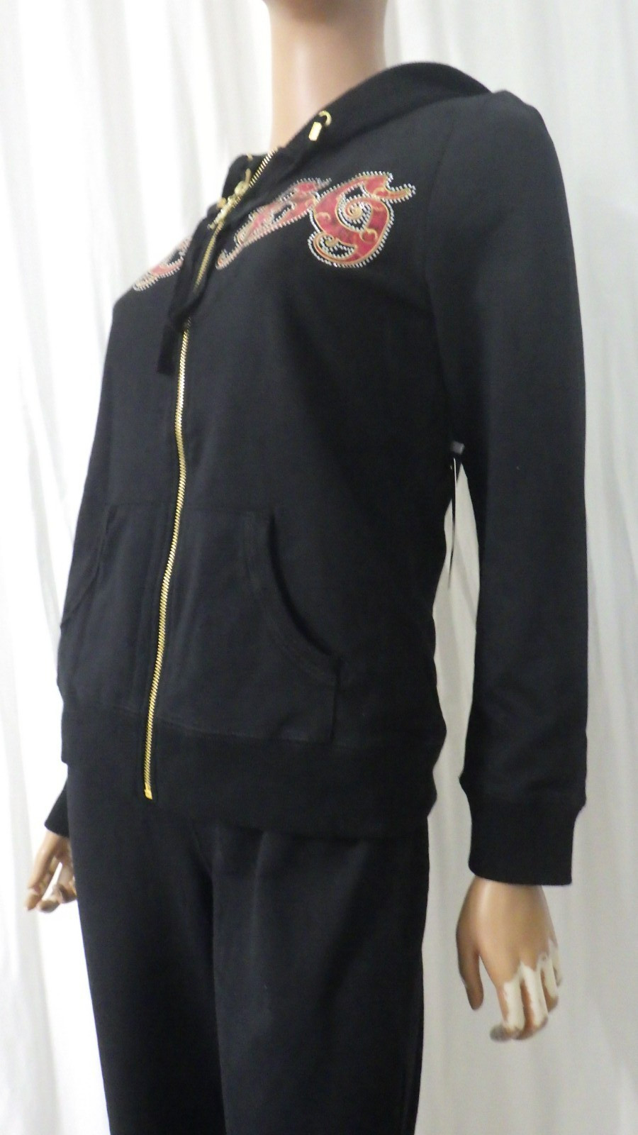 NWT BCBG sz MED (Bust36) 95% cotton BLACK & RED PEACOCK DESIGN 2PC TRACKSUIT