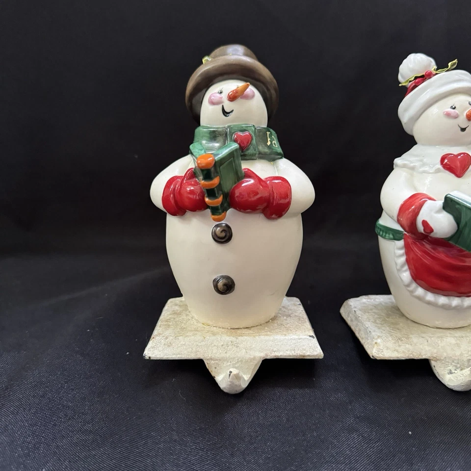 Snowman Family Caroling Stocking Hanger Holder Set of 3 Ceramic on Cast Base GAC - Image 2 of 4