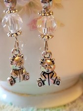 TEDDY BEAR Clear Crystal Dangle Drop Silver Tone Pierced Earrings French Wire