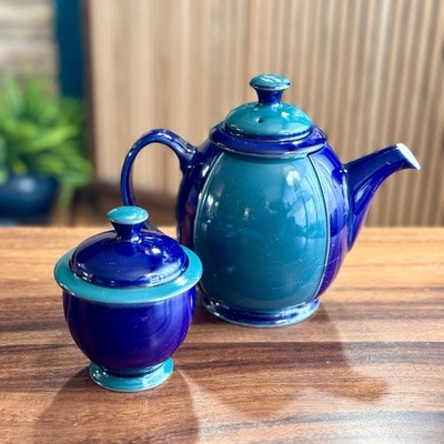 DENBY Stoneware Harlequin Teapot w/ Lid & Sugar Bowl Blue Green Made in England