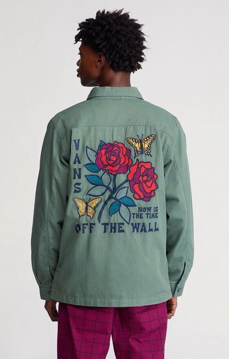 Vans Jacket Mens M Olive Green Roses Butterfly Logan Station Coat