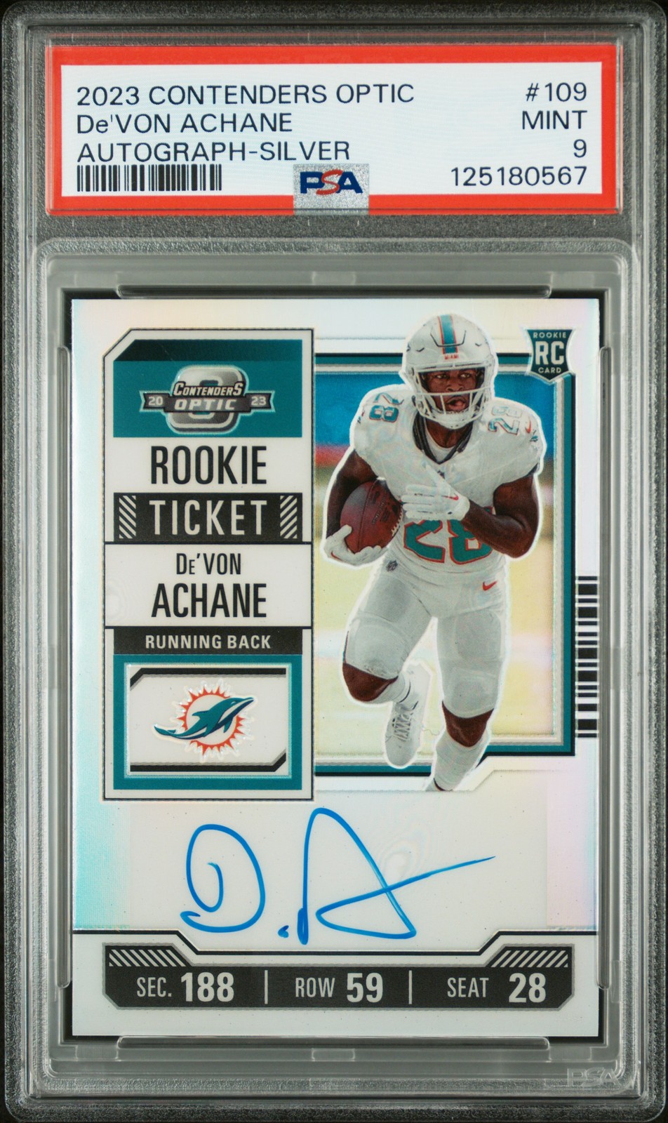 2023 CONTENDERS OPTIC AUTO-SILVER #109 DE'VON ACHANE ROOKIE RC PSA 9