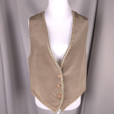 Vtg Hirschberg Schutz Vest Women S M Beige Bead Braided Trim Satin Boho Western