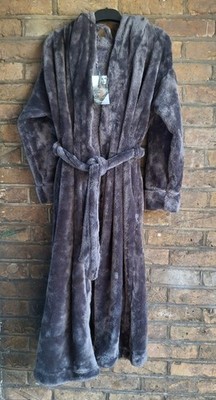 New M&S ROSIE Charcoal Grey Fleece Hooded Dressing Gown Size SMALL 