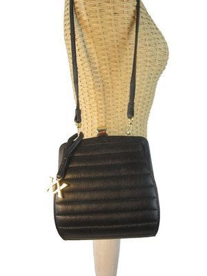 Adrienne Vittadini Black Leather Shoulder Bag Padded  Clutch  Purse Kiss Lock