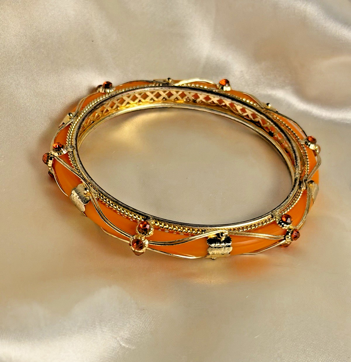 Vintage Orange Plastic & Gold Tone Wrapped Bangle – Rhinestone Accent Bracelet