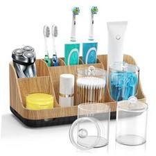 Bathroom Toothbrush Holder Set with 2 Pack Qtip Holder Dispenser - 7 Wood Sets