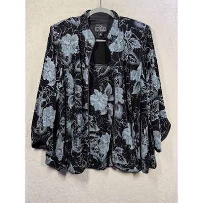 Alex Evenings 2 Piece Jacket Set Womens 1X Black Blue Floral Metallic Formal
