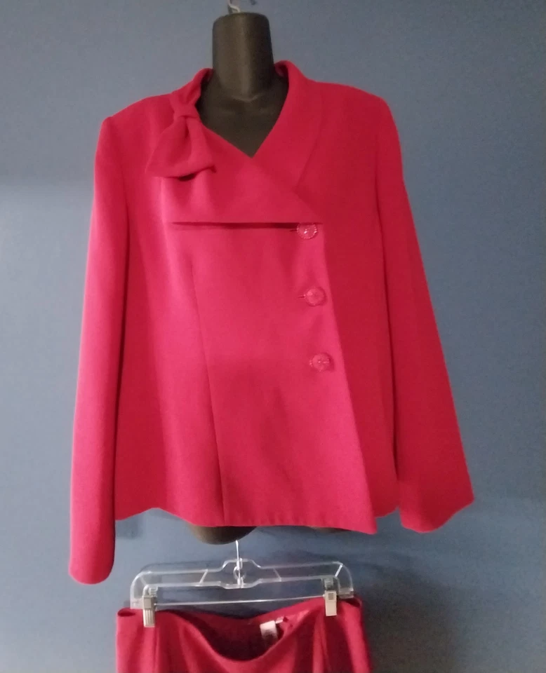 Mujer Talla 14 2 Piezas Rojo Rubí Cinta Falda Traje Manga Larga Espalda Abertura Forrada Foto 3 de 4