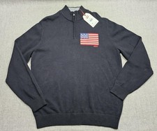 Chaps Sweater Mens XL Black USA Flag 1/4 Zip Mock Neck Pullover Ralph Lauren