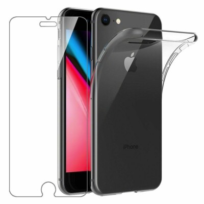 For APPLE IPHONE 8 TEMPERED GLASS SCREEN PROTECTOR + CLEAR SILICONE CASE COVER